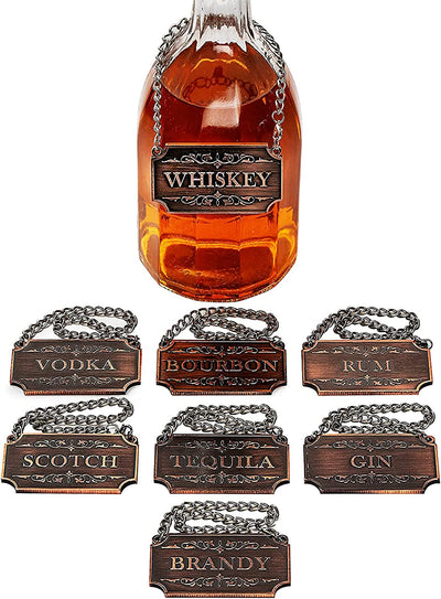 Decanter Tags Copper Set of 8 for Alcohol - The Wine Savant - Bottle - Whiskey, Scotch, Bourbon, Gin, Rum, Vodka, Tequila and Brandy, Fits All Bottles, Great Home Gift, Gifts for Men & Women 3" L 2"H