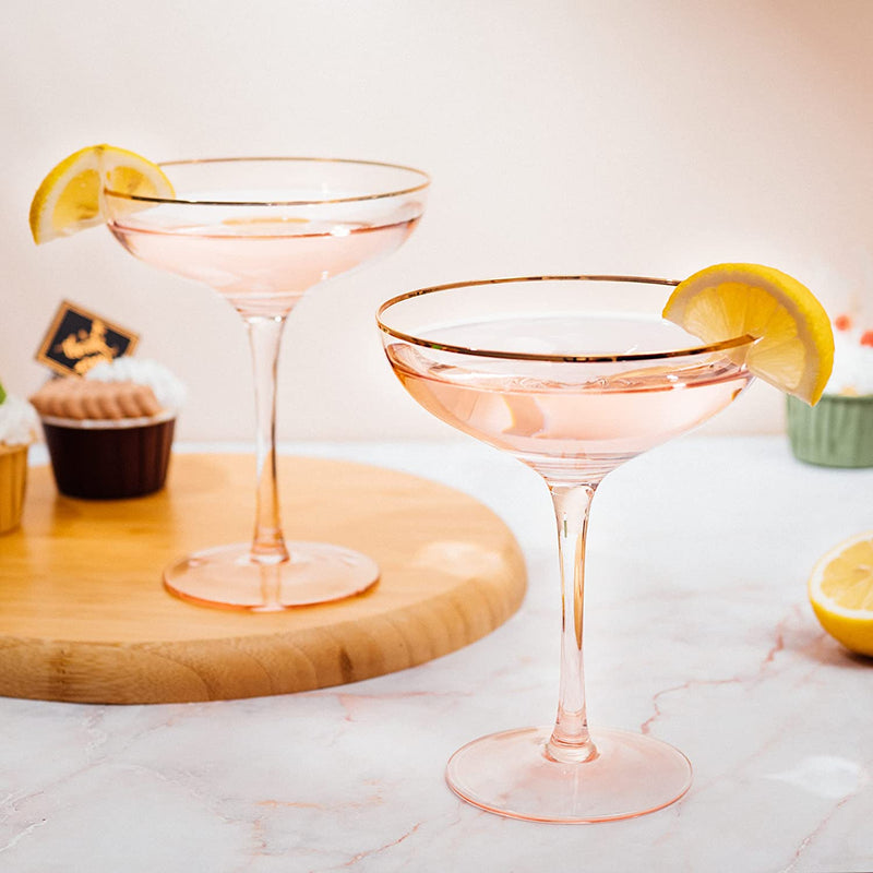 The Wine Savant Colored Blush Pink & Gilded Rim Coupe Glass, Large 9oz Cocktail & Champagne Glasses 2-Set Vibrant Color Short Gold Vintage Tumblers, No Stem Margarita, Glassware Gift Idea (Coupe)