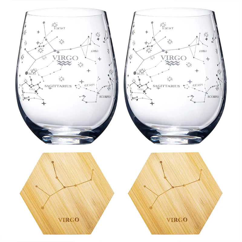 Set of 2 Zodiac Sign Wine Glasses with 2 Wooden Coasters by The Wine Savant - Astrology Drinking Glass Set with Etched Constellation Tumblers for Juice, Water Home Bar Horoscope Gifts 18oz (Virgo)