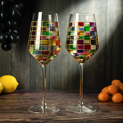 The Wine Savant Renaissance Stained Wine Glasses Set of 2 Festive Colorful Coffee Cups, Multicolored, Home Bar Gift, Colored Drinkware, Rainbow Glassware (Stemmed)