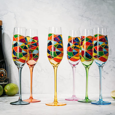 Stained Glass Champagne Flutes Set of 6 Hand Painted - Wine Savant - Hand Blown 7 Ounce Colorful Renaissance Champagne Glasses - 10.2" Tall, 2.7" Diameter Rainbow Multicolor Design Glassware