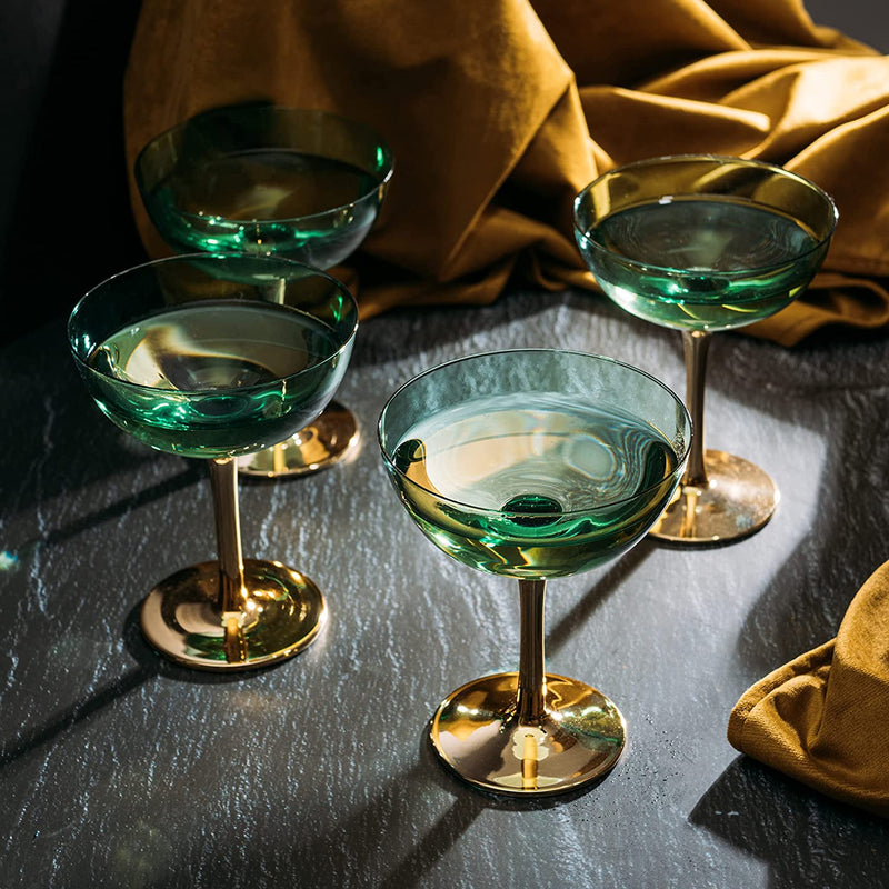 Colored Coupe Art Deco Glasses, Gold | Set of 4 | 8 oz Classic Cocktail Glassware for Champagne, Martini, Manhattan, Sidecar, Crystal Speakeasy Style Goblets Stems (Green)
