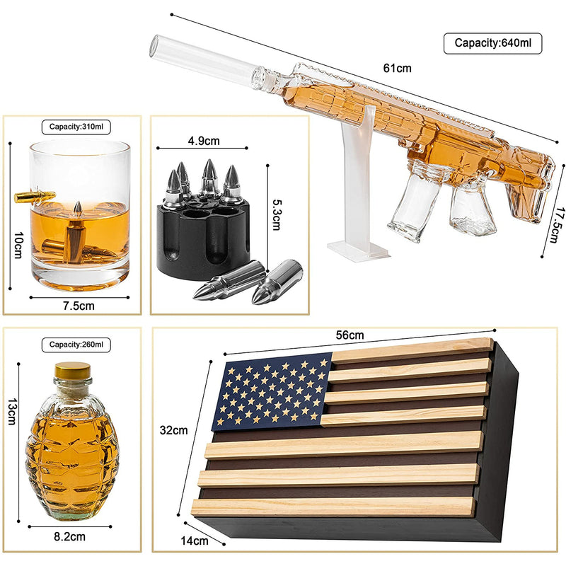 AR15 Whiskey Gun Decanter Flag Set - 1000ml Rifle & Pistol Set - Hanging Storage American Flag Gift Box & Bullet Glasses & Shot Glass, Great Gift for Army, Navy, Marines, Veterans & Gun Enthusiasts