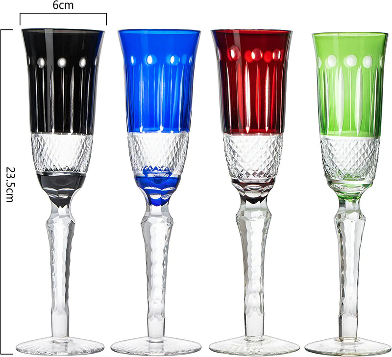 The Wine Savant Crystal Italian Multicolor Design Flutes - 4 Set - 5oz 9" H Cocktail & Champagne Glassware Bohemian Venetian Style Red, Blue, Green, Black Glasses, Dinners Parties, Bars & Weddings