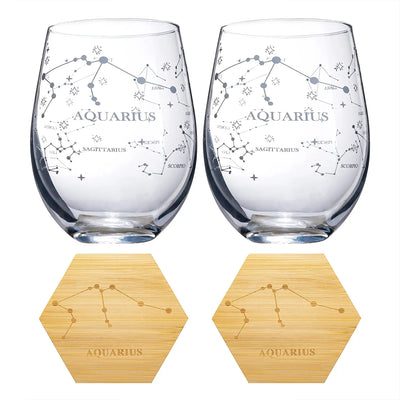 Set of 2 Zodiac Sign Wine Glasses with 2 Wooden Coasters by The Wine Savant - Astrology Drinking Glass Set with Etched Constellation Tumblers for Juice, Water Home Bar Horoscope Gifts 18oz (Aquarius)