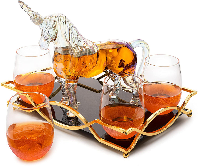 Iridescent Unicorn Wine Whiskey Decanter Set 750ml With 4 Pink Sparkle –  The Wine Savant