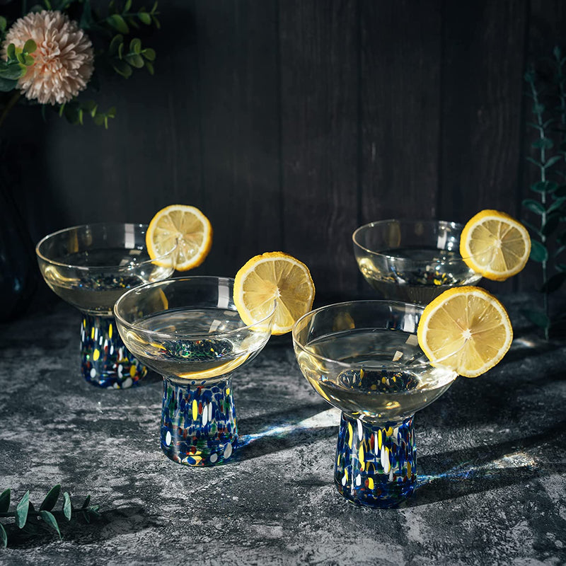 Stemless Margarita Glass – Set of 4 - Luxury Hand Blown Confetti Margaritas, for Cocktails, Water, Wine, Dessert, Martini & Champagne Glasses Cinco de Mayo, Hand Blown Glass - Mexican Confetti Design