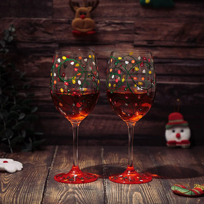 Stemmed Christmas Lights Wine Glasses Set of 2 - Hand Painted Wine Glass Ornament Light Bulbs Glasses, Perfect for Wine, Champagne, Holiday Parties and Festivities - 9.5" High, 21 oz Capacity