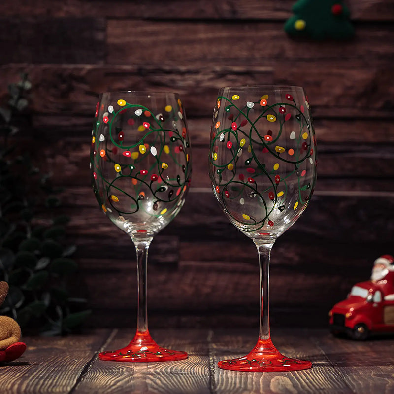Stemmed Christmas Lights Wine Glasses Set of 2 - Hand Painted Wine Glass Ornament Light Bulbs Glasses, Perfect for Wine, Champagne, Holiday Parties and Festivities - 9.5" High, 21 oz Capacity