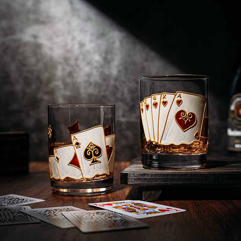 Playing Cards Drinking Glasses - Artisanal Hand Painted Players Casino Set of 2 Water, Wine & Whiskey Glasses - The Wine Savant - Crystal Glassware - Gift Idea for Him, Birthday, Housewarming - 12oz