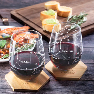 Set of 2 Zodiac Sign Wine Glasses with 2 Wooden Coasters by The Wine Savant - Astrology Drinking Glass Set with Etched Constellation Tumblers for Juice, Water Home Bar Horoscope Gifts 18oz (Cancer)