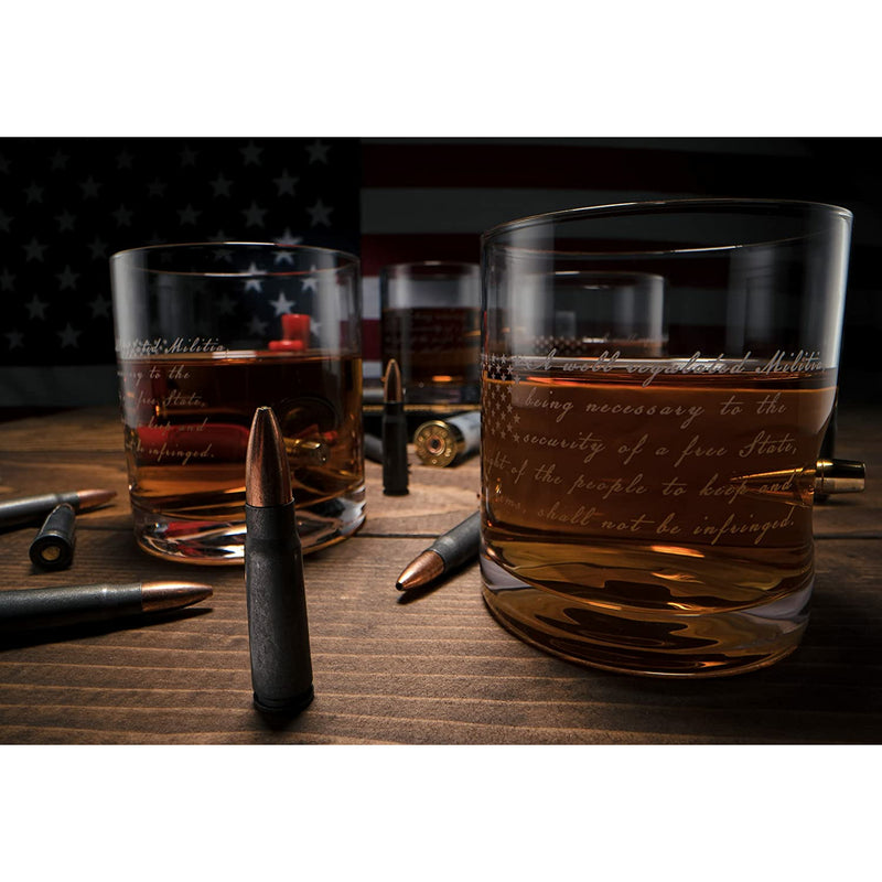 2nd Amendment American Flag Bullet Glasses .308 Real Solid Copper Projectile, Set of 4 Hand Blown Old Fashioned Whiskey Rocks Glasses, Wood Flag Tray with Patriots Gun Rights Law & Military Gift Set