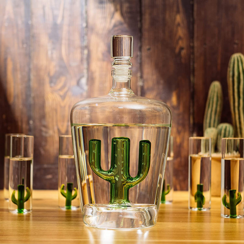 Tequila Decanter Set with Cactus Decanter and 6 Cactus Shot Glasses Set, Perfect for Holiday Gifts for Tequila Lovers, 25 Ounce Bottle, 3 Ounce Shot Glasses Cinco De Mayo, Reposado Gift (Cactus)