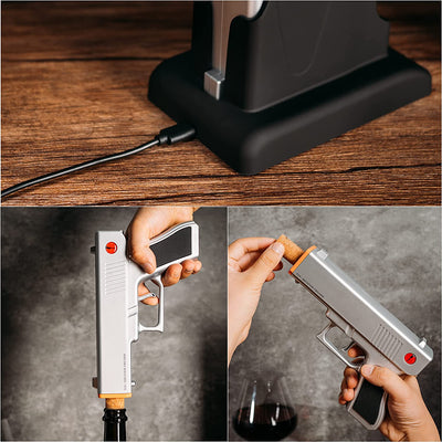 Electric Gun Wine Corkscrew Bottle Opener - Rechargeable Holster Base Cordless Battery - Automatically Open Wines Multifunctional Electronic Cork Puller - Guns Enthusiasts Gift & Vino Lovers (Silver)
