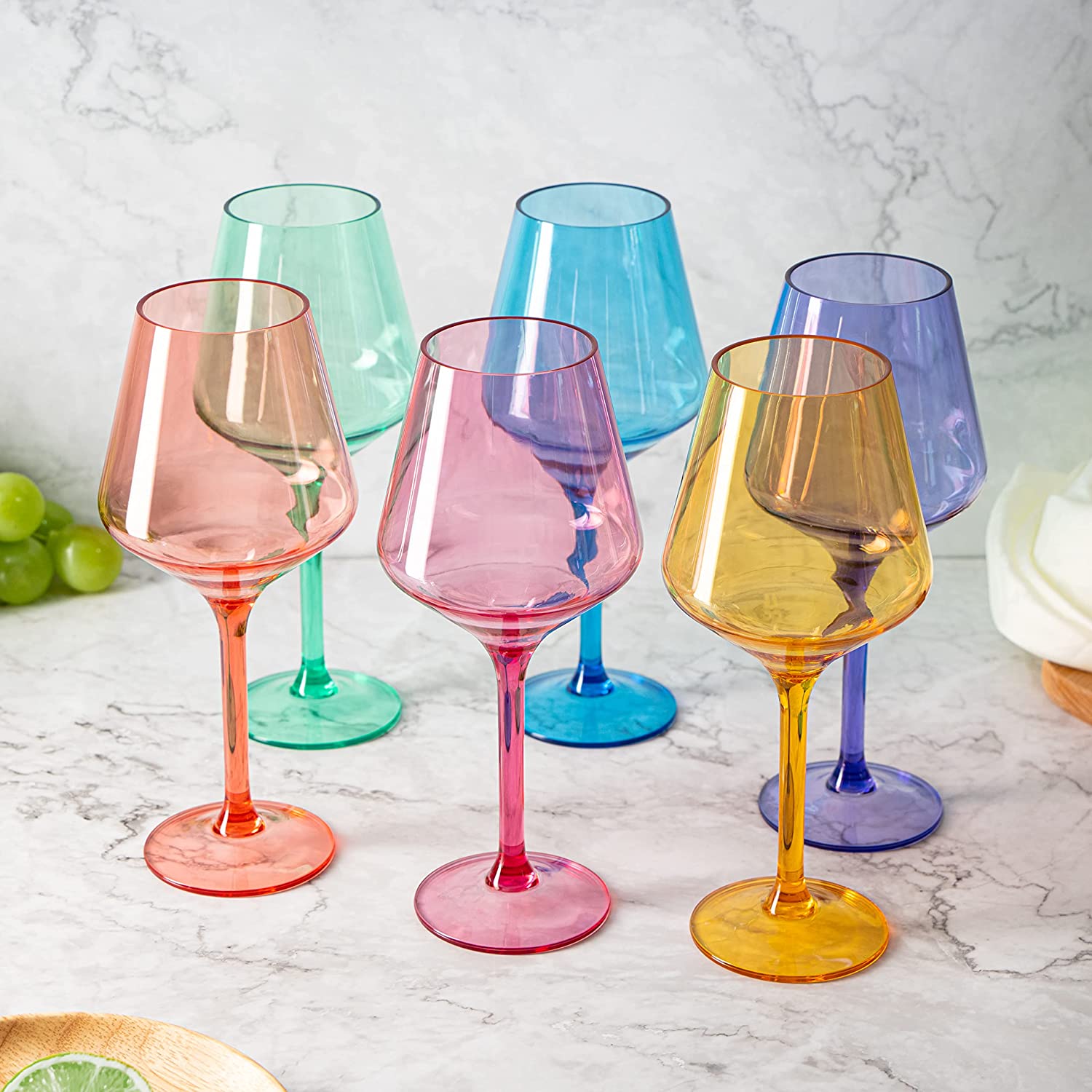 The Wine Savant Acrylic Colored European Style Crystal Stemmed Wine Glasses Acrylic Glasses Set of 6 Multicolor
