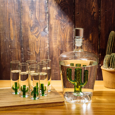 Tequila Decanter Set with Cactus Decanter and 6 Cactus Shot Glasses Set, Perfect for Holiday Gifts for Tequila Lovers, 25 Ounce Bottle, 3 Ounce Shot Glasses Cinco De Mayo, Reposado Gift (Cactus)