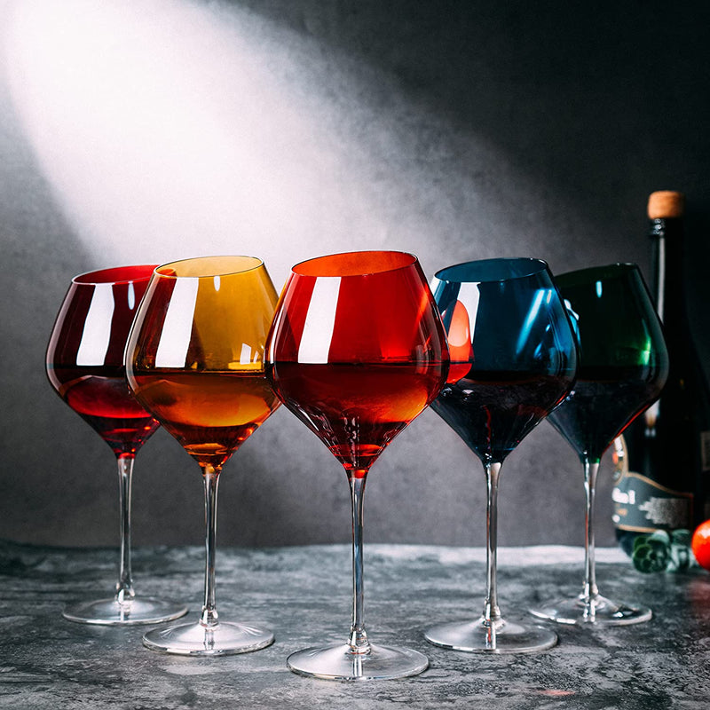 Slanted Rim Colored Wine Glasses by The Wine Savant – Set of 5 Stylish and  Slant Rim Wine Glasses for Parties, Multicolor Set for Weddings