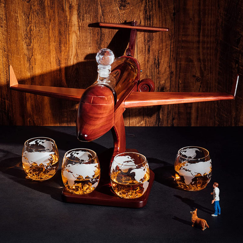 Jet Airplane Wine & Whiskey Decanter 1000ml Set with 4, 12 oz World Map Glasses by The Wine Savant - Pilot Gifts, Aviation Gifts, Airplane Figurine, Gifts for Jet, Airplane and Travel Enthusiasts