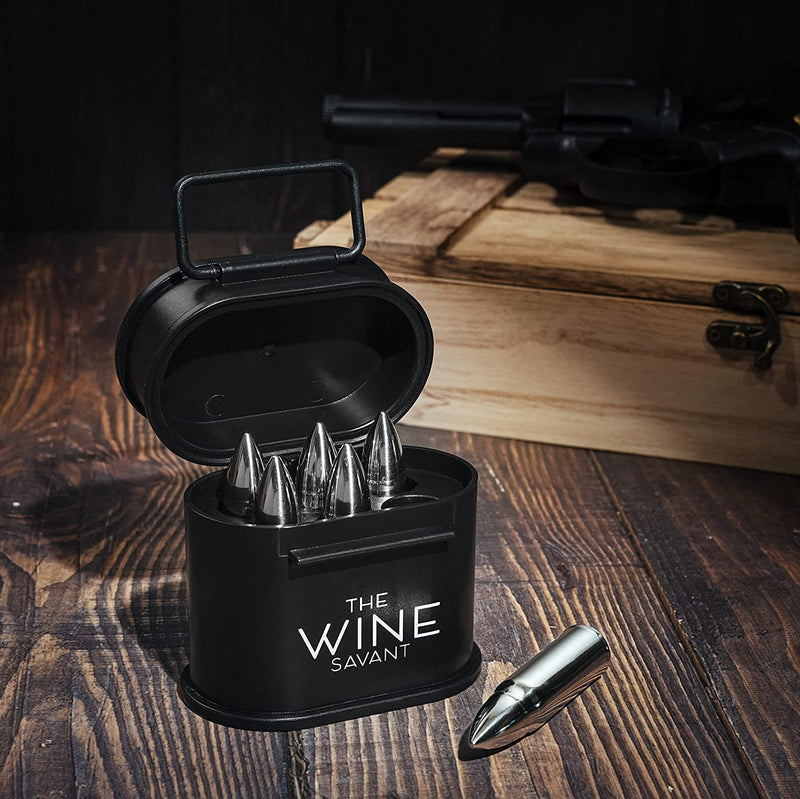 Whiskey Stones Bullets Stainless Steel with Wooden Gift Box - 1.75in Bullet  Chillers Set of 6 Inside Realistic Revolver, Premium Stainless Steel, Large  Whiskey Chillers Rocks (Gold) 