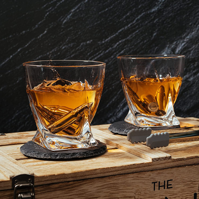 Whiskey and Spirits Gifts for Men Dad Luxurious Twist Glasses with Whiskey Stones - 2 10oz Twist Whiskey Glasses, Tongs, 4 Chilling Rocks Stones - Army Crate Box - US Army, Veteran Military (Bullets)