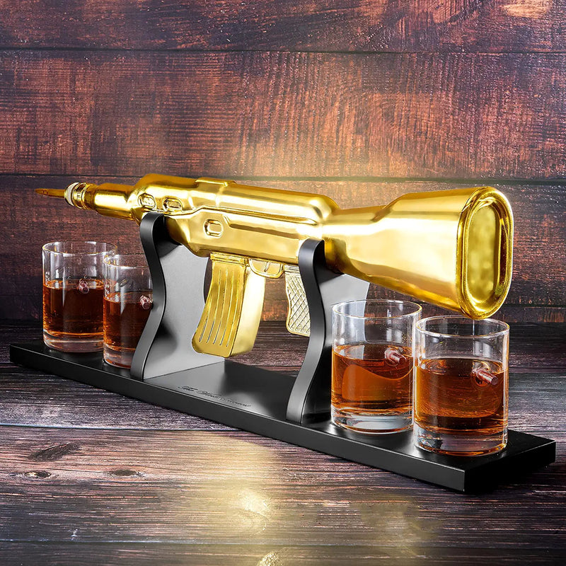 AK Gold Whiskey Decanter Set With 4 Bullet Whiskey Glasses - The Wine Savant, Gift For Fathers, Uncles, Sons - Veteran Gifts, Military Gift, Home Bar Gift, Father&