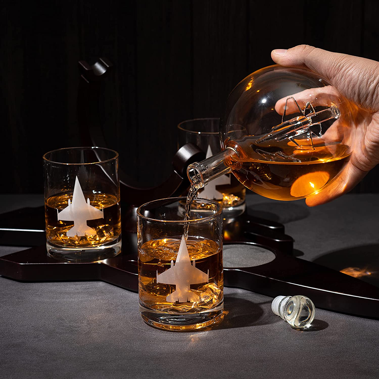 Etched Globe Glass Decanter With F-16 Firefighter Inside