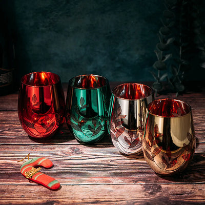 Multicolor 4-Piece Tree Stemless Wine & Water Glasses - Shining Red Green Yellow Silver, Housewarming Gift For Her, Him Party Décor, Colored Glass Trees Décor, Kitchen Home Decoration (Stemless)