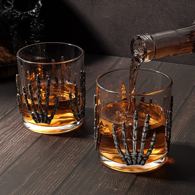 The Wine Savant Skeleton Hand Wine Glass Set of 2 10 oz Glasses 5" H, Goth Gifts, Skeleton Gifts, Skeleton Decor, Spooky Glass Gift Set, Goth Decor, Unique Themed Parties