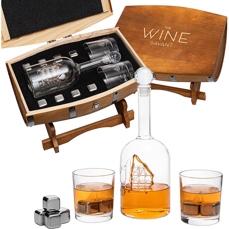 Large Display Whiskey & Wine Decanter with Antique Ship - Handcrafted Wood Barrel Storage - Wine Savant Decanters Gifts Set with 2 Glasses, & Drink Chiller Stones for Your Bar - 16" x 8" x 15"