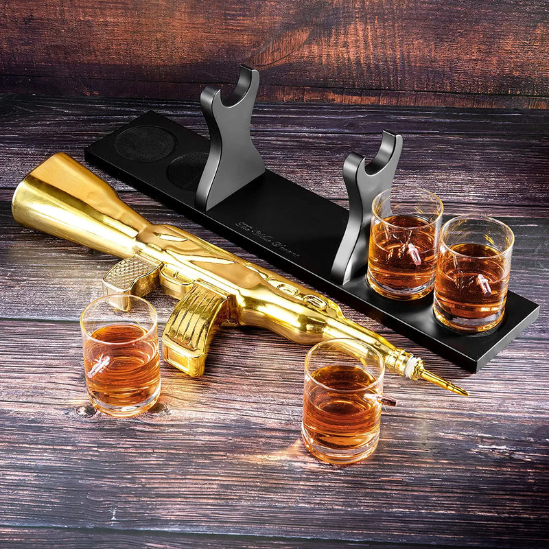AK Gold Whiskey Decanter Set With 4 Bullet Whiskey Glasses - The Wine Savant, Gift For Fathers, Uncles, Sons - Veteran Gifts, Military Gift, Home Bar Gift, Father&