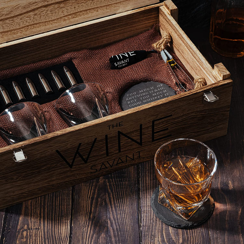 Whiskey and Spirits Gifts for Men Dad Luxurious Twist Glasses with Whiskey Stones - 2 10oz Twist Whiskey Glasses, Tongs, 4 Chilling Rocks Stones - Army Crate Box - US Army, Veteran Military (Bullets)