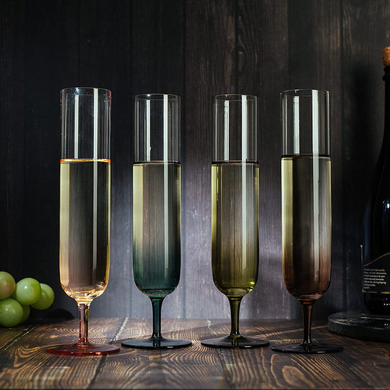 Multicolored Beautiful Champagne Flutes 10" Stemmed - 4 Set- Blue, Green, Brown, Pink - 10.5 OZ Elegant Glass Colored Glasses, Mimosa , Cocktail Bar Glassware Ideal for Home, Weddings - Gift