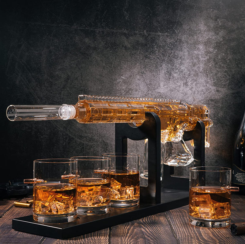 (EU ONLY) AR15 Gun Whisky-Dekanter-Set mit Whiskey-Kugelkühlern – Limited Edition Eleganter Rifle Gun Whisky-Dekanter mit 6 Whiskey-Edelstahl-Kugelkühlern und 4 Bullet-Whiskygläsern