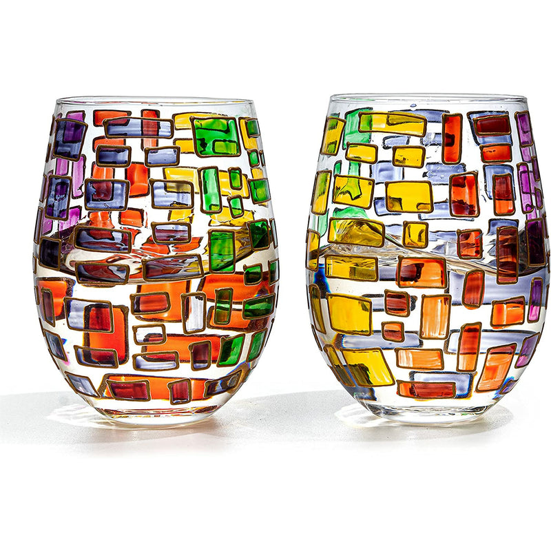 The Wine Savant Renaissance Stained Glass Windows, Artisanal Hand Painted Glassware Gift Idea Her, Him, Birthday, Mom, Housewarming, Gifts Ideas for Women & Men Art Deco (Stemless Wine Glasses)