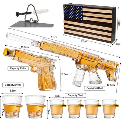 AR15 Whiskey Gun Decanter Flag Set - 1000ml Rifle & Pistol Set - Hanging Storage American Flag Gift Box & Bullet Glasses & Shot Glass, Great Gift for Army, Navy, Marines, Veterans & Gun Enthusiasts