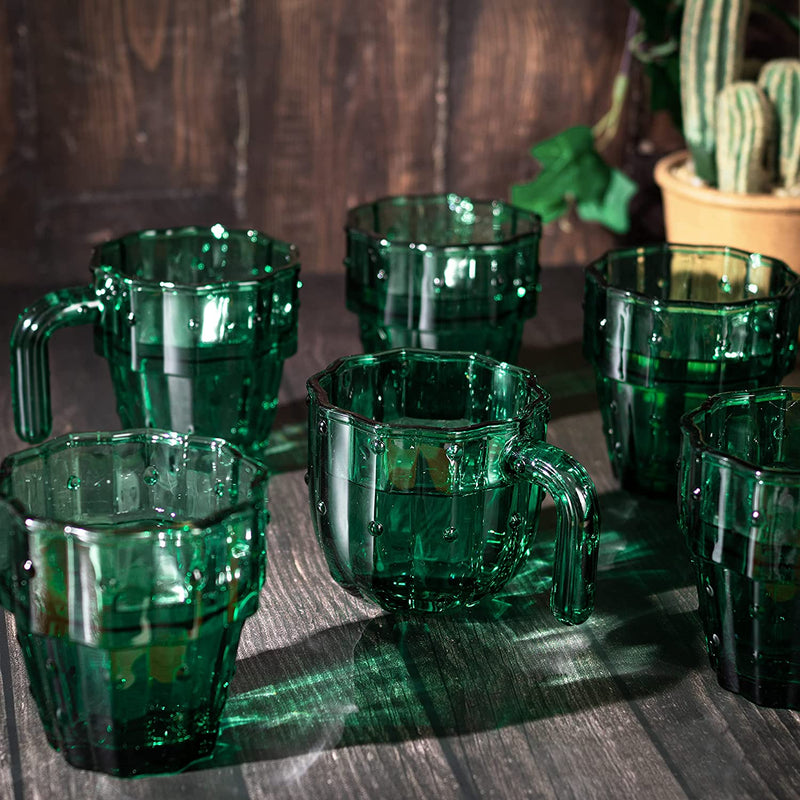 Cactus Stackable Glasses, Stacktus Gifts, Set of 6-10 oz Cactus Shape Glasses With Handles Green Glass Blown Figurines Plant Decorations for Parties 3.5" H 5" W - Copyright Design, Patent Pending