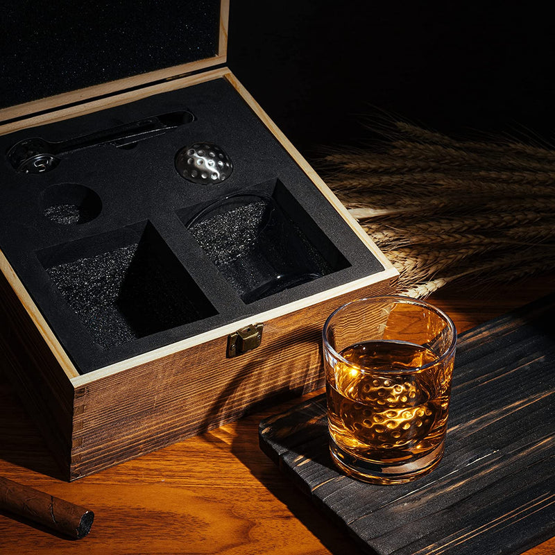 Luxurious Bar Gift Set - Golf Whiskey Glasses - Golf Ball Chillers - Tongs - Set in Premium Wood Box by The Wine Savant - Unique Whiskey Glass Set - Golf Gifts, Golfer Gifts, Gifts for Golf Lovers