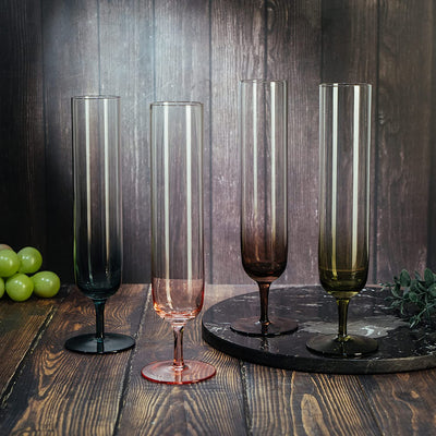 Multicolored Beautiful Champagne Flutes 10" Stemmed - 4 Set- Blue, Green, Brown, Pink - 10.5 OZ Elegant Glass Colored Glasses, Mimosa , Cocktail Bar Glassware Ideal for Home, Weddings - Gift