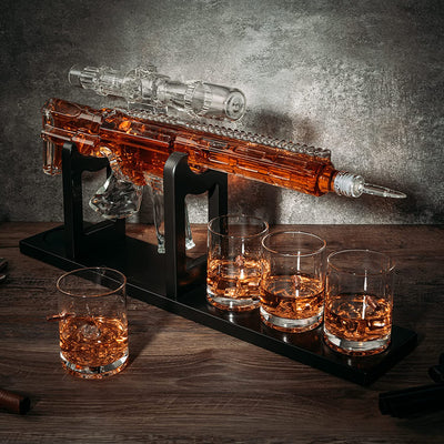 AR15 Whiskey Decanter Set - Limited Edition with Silencer Stopper - 640ml & 4 310 mL Bullet Glasses - Unique Gift - Drinking Party Accessory, Handmade Sniper Gun Liquor Decanter, Tik Tok Gun Decanter