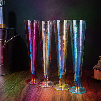 Champagne Flutes, Iridescent Crystal Glass, Holiday Iridescent Champagne Flutes - Set of 4 - 10" Stemmed Champagne Flute Romantic Toasting Colored Glasses, Mimosa Glassware, Weddings - 8 oz Capacity