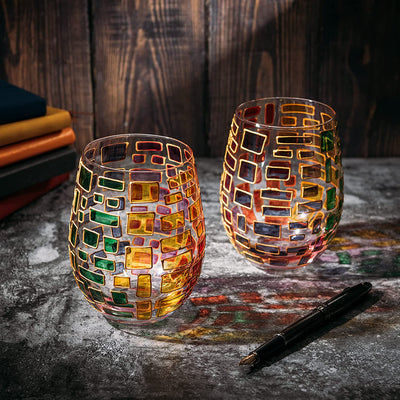 The Wine Savant Renaissance Stained Glass Windows, Artisanal Hand Painted Glassware Gift Idea Her, Him, Birthday, Mom, Housewarming, Gifts Ideas for Women & Men Art Deco (Stemless Wine Glasses)