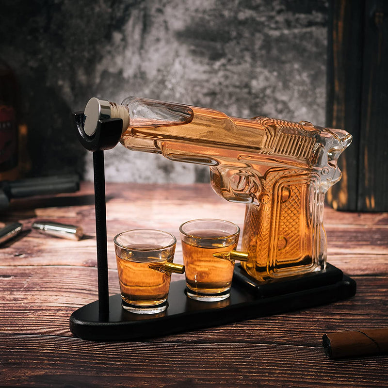 Gifts for Men Dad Whiskey Decanter Set 9 Oz with Two 2 Oz Glasses, Pistol Gun Unique Birthday Gift Ideas Daughter Son, Home Bar Gifts, Drinking Accessories Funny Military Present Cool Dispenser
