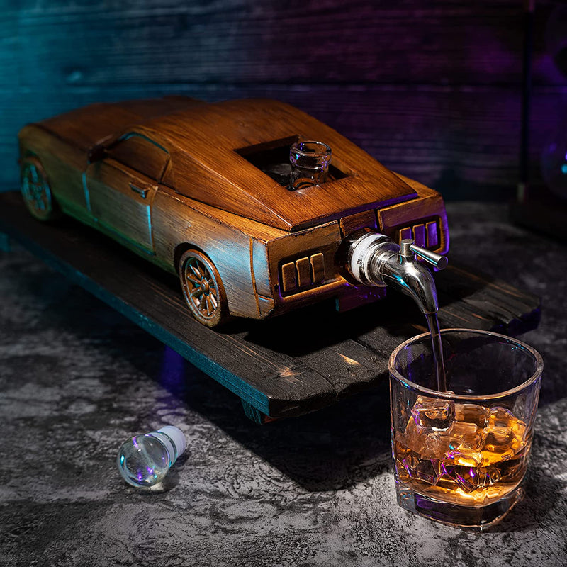 Mustang Car Wine & Whiskey Decanter Set 500ml by The Wine Savant 13" L - Ford Mustang Gifts, Ford Gifts, Wooden Car Figurine, Fastback Maisto Mustang Shelby Car Gifts, Bar Gifts, Parties, Birthdays