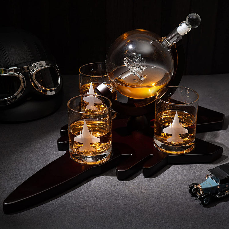 Fighter Jet Wine & Whiskey Decanter Set F16, F15, F18, F22 with 3 Glasses by The Wine Savant - Bourbon, Scotch, Vodka, Pilot, Aviation Gifts, Airplane Figurine, Military Veteran Gifts, Airplane Gifts