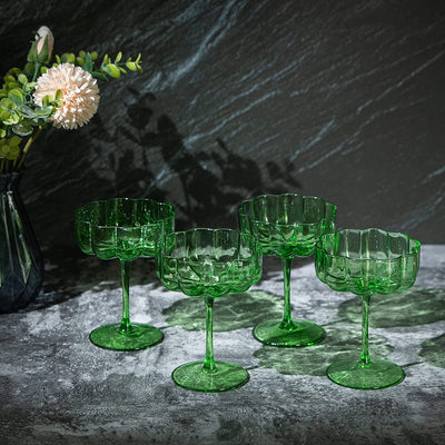 Flower Vintage Wavy Petals Wave Glass Coupes 7oz Colorful Cocktail, - Set of 4 - Rippled & Champagne Glasses, Prosecco, Martini, Mimosa, Cocktail Set, Bar Glassware Copyright & Patent Pending (Green)