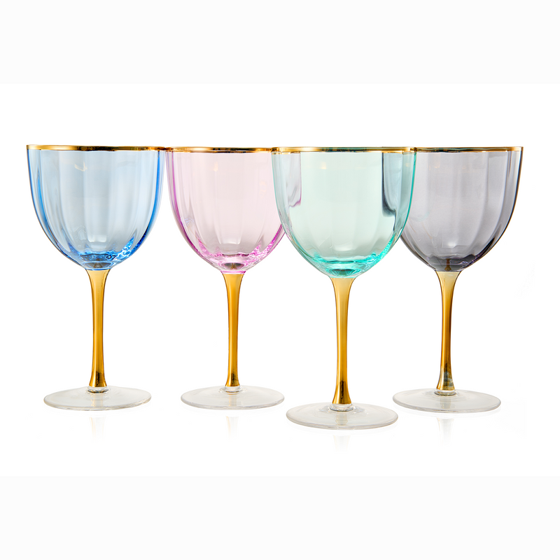 Art Deco Colored Crystal Wine Glass Set of 4, Large 18oz Stemmed Glasses Vibrant Vintage Glasses for White & Red, Water, Margarita Glasses, Gift Idea, Color Glassware - Gilded Rim and Gold Stem