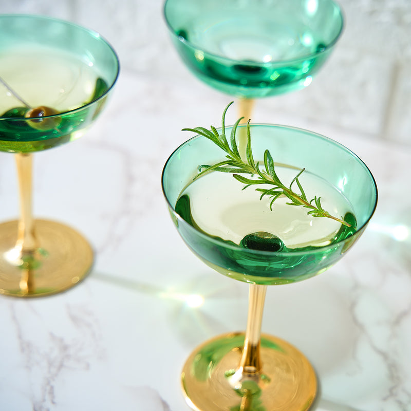 Colored Coupe Art Deco Glasses, Gold | Set of 4 | 8 oz Classic Cocktail Glassware for Champagne, Martini, Manhattan, Sidecar, Crystal Speakeasy Style Goblets Stems (Green)