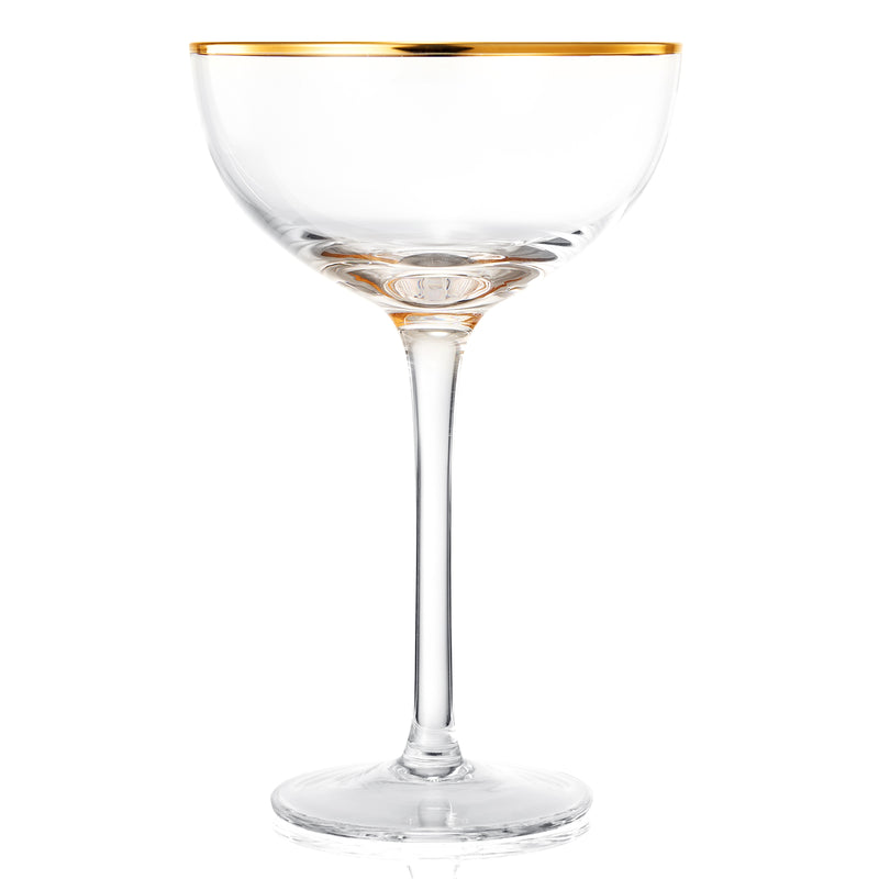 Vintage Crystal Champagne Coupe Gold Rim Glasses | Set of 2 | 7 oz, Gilded Rim Classic Cocktail Glassware - Martini, Manhattan, Cosmopolitan, Sidecar, Daiquiri | 1920s Style Saucer Goblets | Gift Box