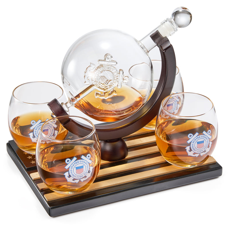 Coastguard Gift Whiskey & Wine Decanter Set & 4 Liquor Glasses - US Coast guard 800 ML Whiskey Decanter & 11 OZ Glass Set with Wood Base - Gifts for Men - Bourbon and Scotch Decanter Military Gifts