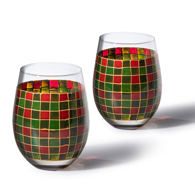 The Wine Savant Crystal New Years Artisanal Hand Painted Stemless Glasses Set of 2 - Rennesance Romantic Stain-glassed Windows - Festive Holiday Perfect for Holidays Parties, Gifts for Him & Her
